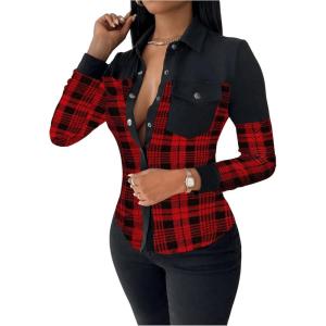 imageMakeMeChic Womens Plaid Print Button Up Blouse Long Sleeve Lapel Collar Shirt TopsRed