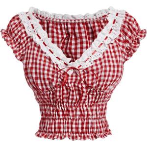 imageMakeMeChic Womens Plaid Print Cap Sleeve Blouse Gingham Tops Lace Trim Bow Knot Shirred Summer ShirtsRed and White