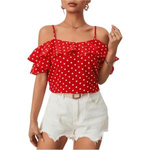 imageMakeMeChic Womens Polka Dots Blouse Short Sleeve Ruffle Trim Cold Shoulder Summer Shirt TopsRed and White