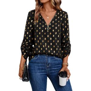 imageMakeMeChic Womens Polka Dots V Neck Half Zip Blouse Long Sleeve Casual Shirt TopBlack