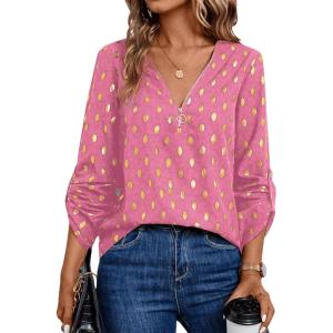 imageMakeMeChic Womens Polka Dots V Neck Half Zip Blouse Long Sleeve Casual Shirt TopPink