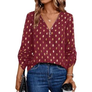 imageMakeMeChic Womens Polka Dots V Neck Half Zip Blouse Long Sleeve Casual Shirt TopRed