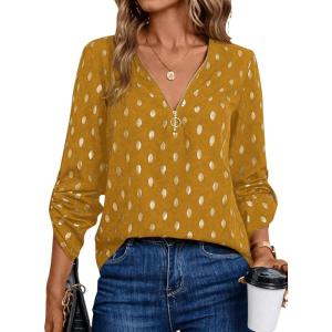 imageMakeMeChic Womens Polka Dots V Neck Half Zip Blouse Long Sleeve Casual Shirt TopYellow