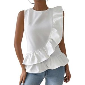 imageMakeMeChic Womens Ruffle Tiered Layer Sleeveless Round Neck Summer Blouse Tank TopsWhite
