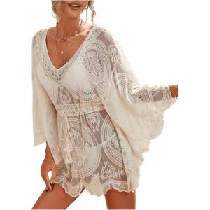 imageMakeMeChic Womens Short Sleeve Plunging Beach Cover Up Dress Swimsuit Cover UpApricot