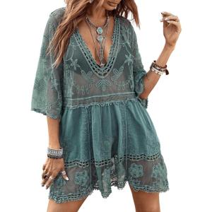 imageMakeMeChic Womens Short Sleeve Plunging Beach Cover Up Dress Swimsuit Cover UpGreen