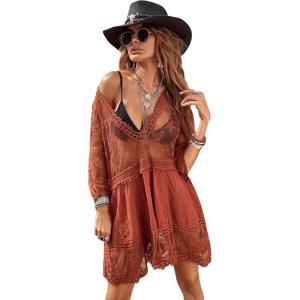imageMakeMeChic Womens Short Sleeve Plunging Beach Cover Up Dress Swimsuit Cover UpRed