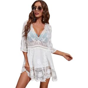 imageMakeMeChic Womens Short Sleeve Plunging Beach Cover Up Dress Swimsuit Cover UpWhite1