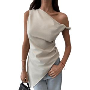 imageMakeMeChic Womens Sleeveless Twist One Shoulder Asymmetrical Hem Ruched Blouse Shirt TopsApricot