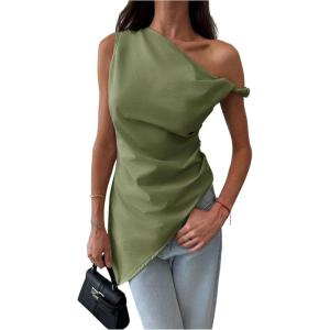 imageMakeMeChic Womens Sleeveless Twist One Shoulder Asymmetrical Hem Ruched Blouse Shirt TopsGreen