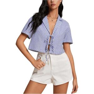imageMakeMeChic Womens Striped Crop Top Short Sleeve Tie Front V Neck Blouse Collar Casual ShirtBlue and White