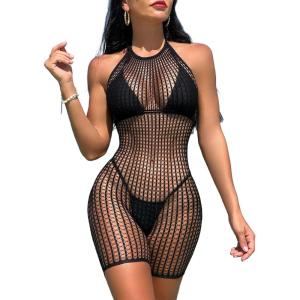 imageMakeMeChic Womens Swim Beach Cover Up Tie Back Halter Sheer Fishnet Cover Up RomperBlack