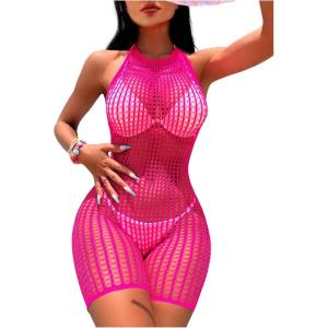 imageMakeMeChic Womens Swim Beach Cover Up Tie Back Halter Sheer Fishnet Cover Up RomperHot Pink