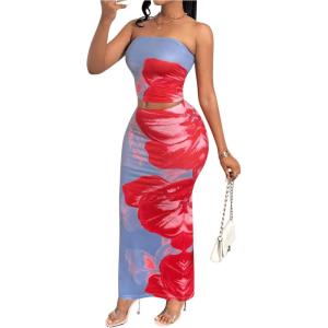 imageMakeMeChic Womens Two Piece Outfit Floral Strapless Bandeau Crop Tops and Bodycon Maxi Skirt SetDusty Blue