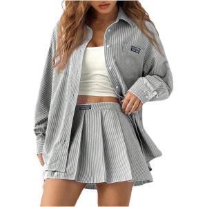 imageMakeMeChic Womens Two Piece Outfit Striped Button Down Shirt and Pleated Skirt Matching SetBlack and White