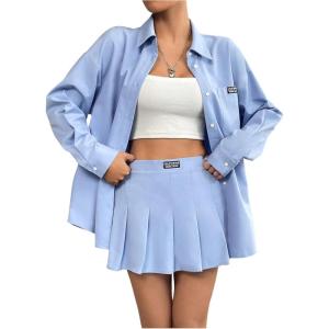 imageMakeMeChic Womens Two Piece Outfit Striped Button Down Shirt and Pleated Skirt Matching SetBlue B