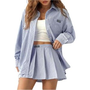 imageMakeMeChic Womens Two Piece Outfit Striped Button Down Shirt and Pleated Skirt Matching SetBlue a