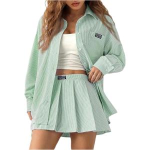 imageMakeMeChic Womens Two Piece Outfit Striped Button Down Shirt and Pleated Skirt Matching SetGreen