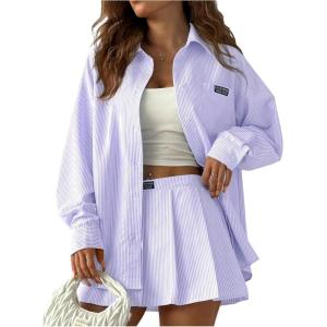 imageMakeMeChic Womens Two Piece Outfit Striped Button Down Shirt and Pleated Skirt Matching SetMauve Purple