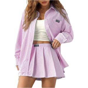 imageMakeMeChic Womens Two Piece Outfit Striped Button Down Shirt and Pleated Skirt Matching SetPink