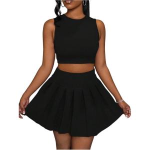 imageMakeMeChic Womens Two Piece Skirt Set Crop Tank Top Y2K Pleated Mini SkirtBlack