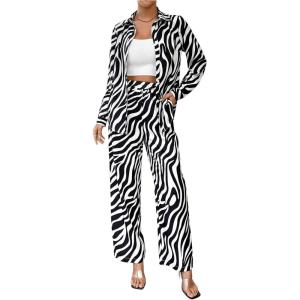 imageMakeMeChic Womens Zebra Print Shirts and Pants Set Long Sleeve Button Blouse 2 Piece OutfitsBlack and White