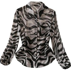 imageMakeMeChic Womens Zebra Striped Long Sleeve Collar Sheer Button Down Shirt Blouse Chiffon TopsBlack and White