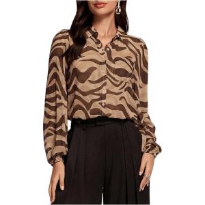 imageMakeMeChic Womens Zebra Striped Long Sleeve Collar Sheer Button Down Shirt Blouse Chiffon TopsCoffee Brown