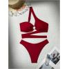 imageMakeMeChic Womens 2 Piece Bathing Suits Cut Out Ring Linked One Shoulder Bikini Sets SwimsuitsBurgundy