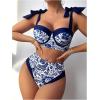 imageMakeMeChic Womens 2 Piece Bikini Set Floral Print Tie Shoulder Contrast Binding High Waisted Swimsuit Bathing SuitBlue and White