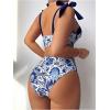 imageMakeMeChic Womens 2 Piece Bikini Set Floral Print Tie Shoulder Contrast Binding High Waisted Swimsuit Bathing SuitBlue and White