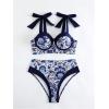imageMakeMeChic Womens 2 Piece Bikini Set Floral Print Tie Shoulder Contrast Binding High Waisted Swimsuit Bathing SuitBlue and White