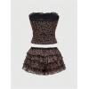 imageMakeMeChic Womens 2 Piece Club Outfit Leopard Print Strapless Ruched Tube Top and Ruffle Tiered Mini Shorts SetBrown