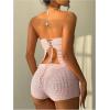 imageMakeMeChic Womens 2 Piece Crochet Outfits Strapless Starfish Lace Up Backless Tube Crop Top Shorts SetPink