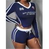 imageMakeMeChic Womens 2 Piece Outfit Printed Long Sleeve V Neck Jersey Crop Top and Shorts Matching SetBlue