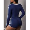 imageMakeMeChic Womens 2 Piece Outfit Printed Long Sleeve V Neck Jersey Crop Top and Shorts Matching SetBlue