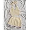 imageMakeMeChic Womens 2 Piece Outfits Floral Embroidery Halter Tie Open Back Crop Tops and Bodycon Skirt SetBlue