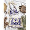 imageMakeMeChic Womens 2 Piece Outfits Floral Embroidery Halter Tie Open Back Crop Tops and Bodycon Skirt SetBlue