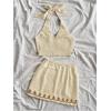 imageMakeMeChic Womens 2 Piece Outfits Floral Embroidery Halter Tie Open Back Crop Tops and Bodycon Skirt SetBrown