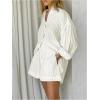 imageMakeMeChic Womens 2 Piece Outfits Vertical Striped Long Sleeve Button Down Shirt and Shorts SetWhite