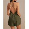 imageMakeMeChic Womens 2 Piece Set Summer Outfits Tie Front Backless Halter Top and Wide Leg Shorts SetArmy Green
