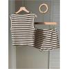 imageMakeMeChic Womens 2 Piece Summer Outfit Striped Crew Neck Tank Crop Top and Mini Shorts SetBrown