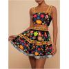 imageMakeMeChic Womens 2 Piece Vacation Outfits Floral Shirred Tank Top and A Line Mini Skirt SetsBlack