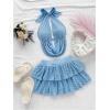 imageMakeMeChic Womens 2 Piece Y2k Outfit Draped Front Tie Back Halter Crop Tops and Skirt SetBlue
