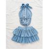 imageMakeMeChic Womens 2 Piece Y2k Outfit Draped Front Tie Back Halter Crop Tops and Skirt SetBlue