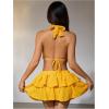 imageMakeMeChic Womens 2 Piece Y2k Outfit Draped Front Tie Back Halter Crop Tops and Skirt SetYellow