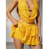 imageMakeMeChic Womens 2 Piece Y2k Outfit Draped Front Tie Back Halter Crop Tops and Skirt SetYellow