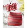 imageMakeMeChic Womens 2 Piece Y2k Outfit Striped Strapless Knot Tube Crop Tops and Bodycon Skirt SetRed and White