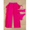 imageMakeMeChic Womens 3 Piece Swimsuit Solid Halter Bikini Set with Ruffle Sheer Cover UpHot Pink