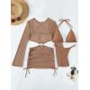 imageMakeMeChic Womens 3 Piece Swimsuit Tie Back Halter Triangle Thong Bikini Set with Cover Up DressBrown